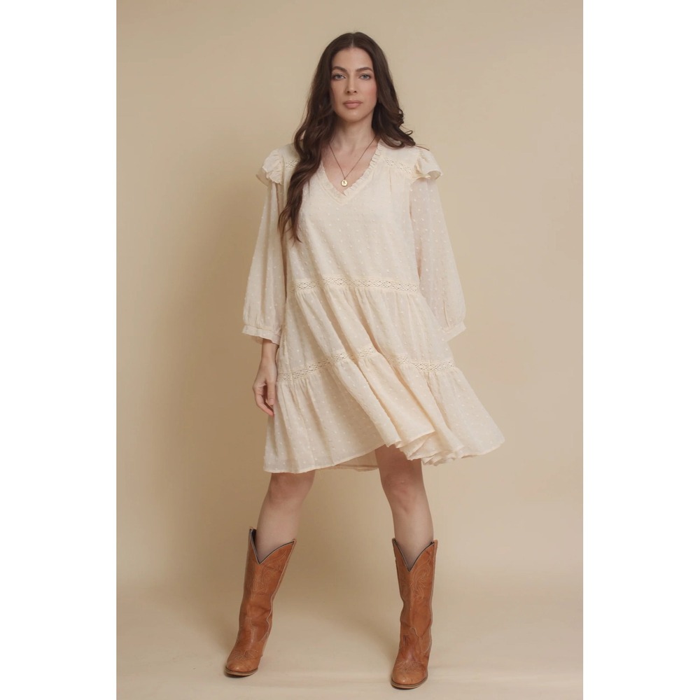 Jacquie the Label Cream Swiss Dot Tiered Mini Dress Crochet Lace Ruffle V-Neck S